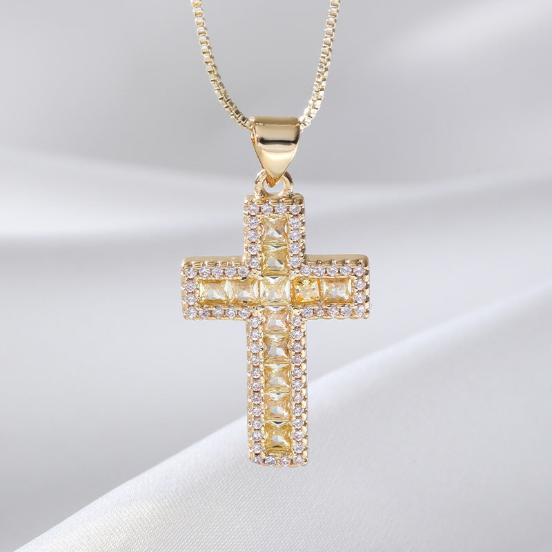 Copper Micro Inlaid Zircon Cross Necklace Religious Design Hip Hop Style