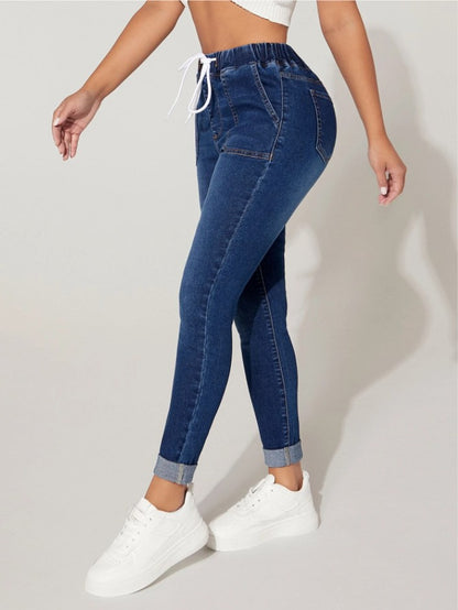 Drawstring Elastic Waist High Skinny Jeans