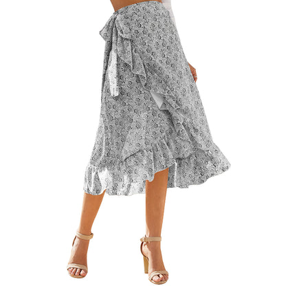 Printed Lace Up Split Expansion Skirt Skirt With Lining