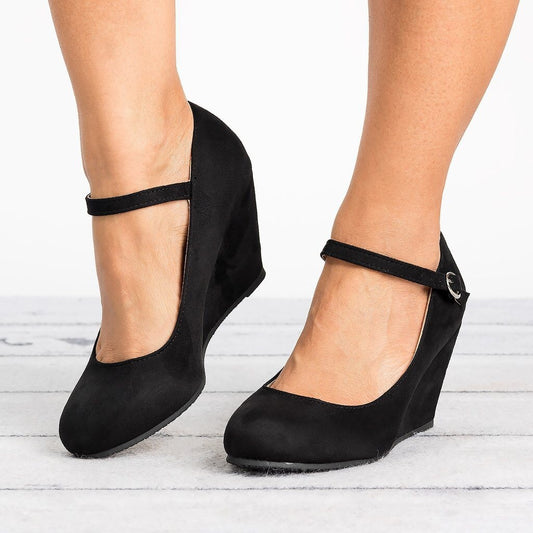 Wedge High Heel Buckle Black Platform Boots