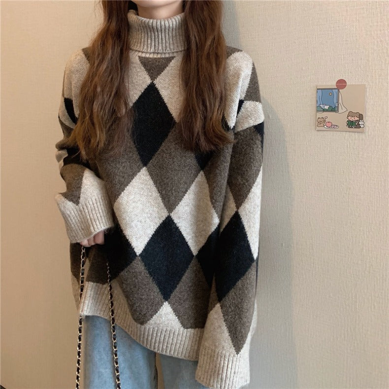 Diamond Plaid Warm Turtleneck Sweaters