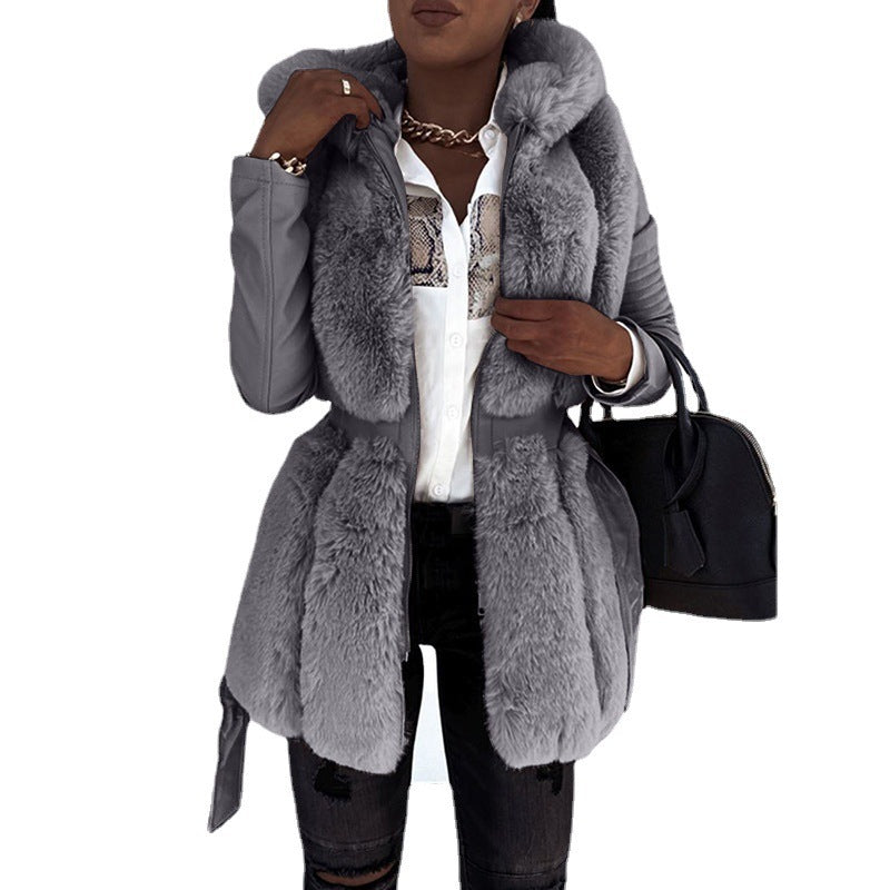 Fur hooded jackets with belt