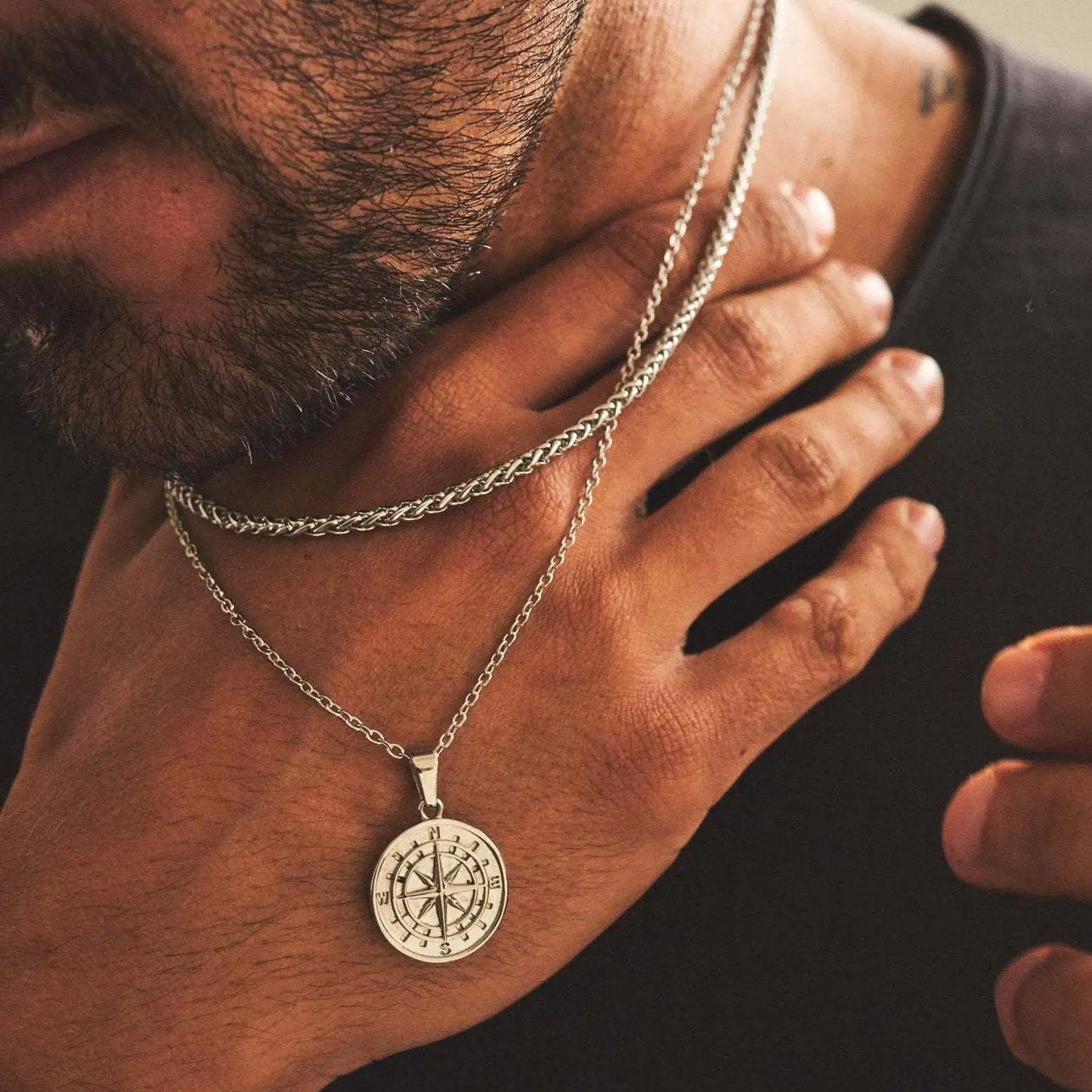 Men's Compass Layered Chain Necklaces