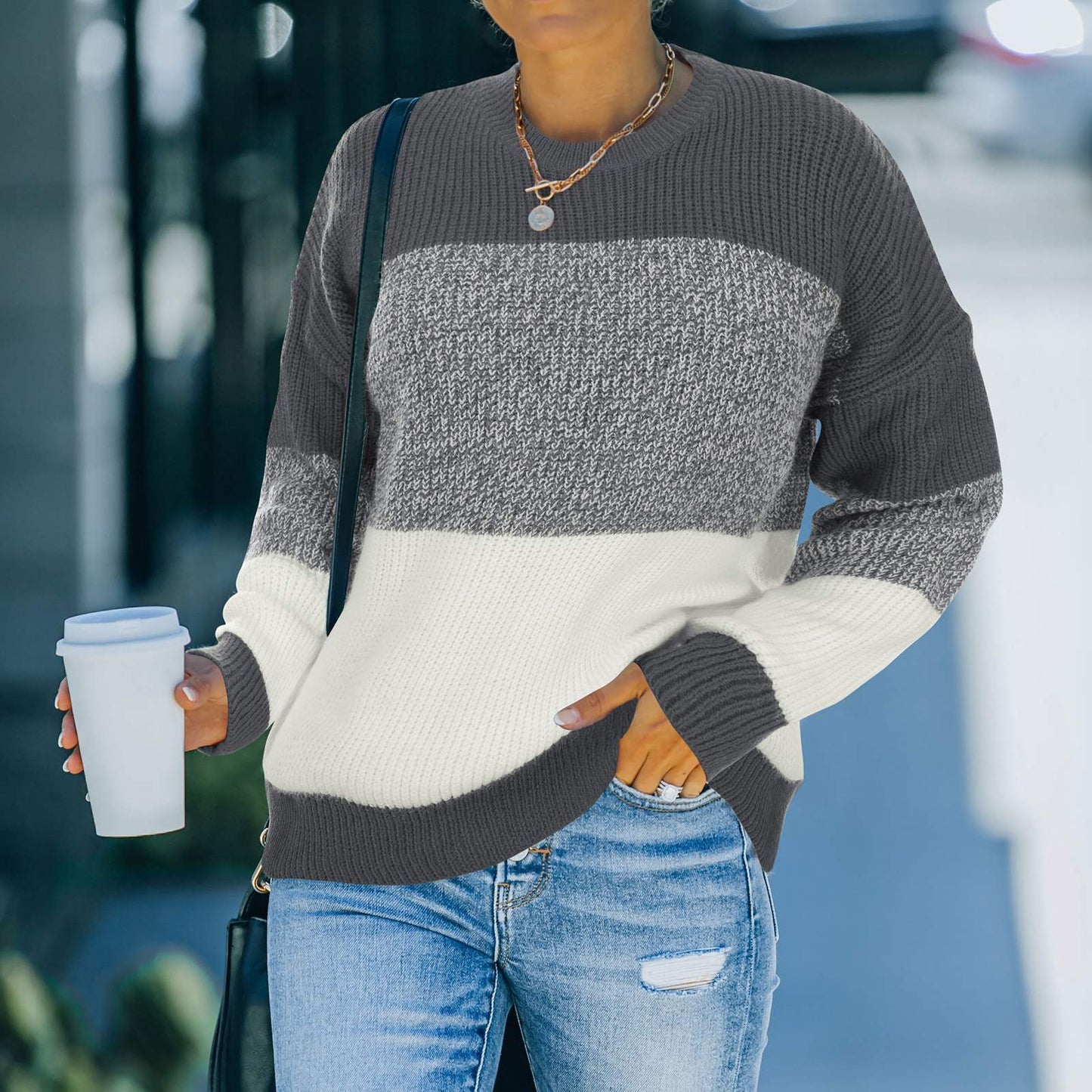 Women Knitted Stitching Loose Contrast Sweater