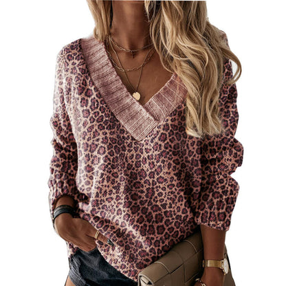 V-neck Leopard Print Casual Sweaters