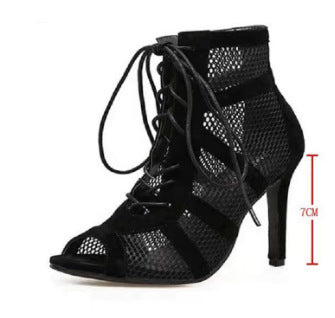 Black Mesh Suede Cross Lace-up High Heels