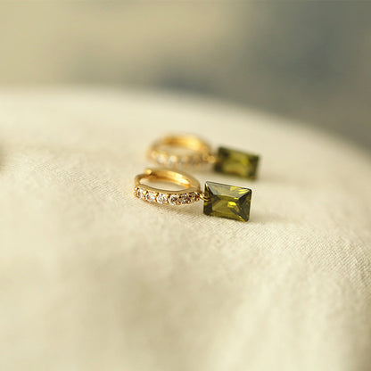 Olive Green Rectangular Rhinestone Earrings