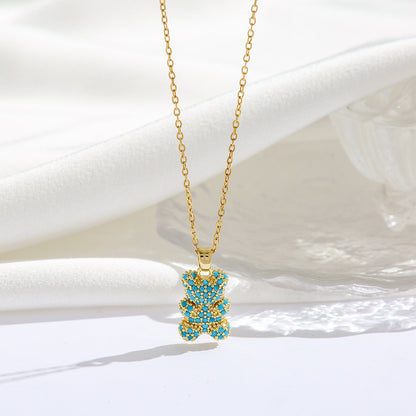 Micro Inlaid Zircon Turquoise Bear Necklaces