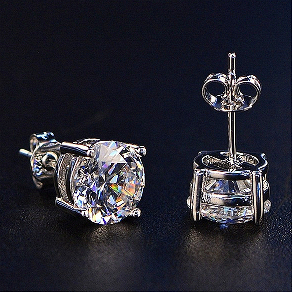 White Diamond Round Cut Four-claw Stud Earrings