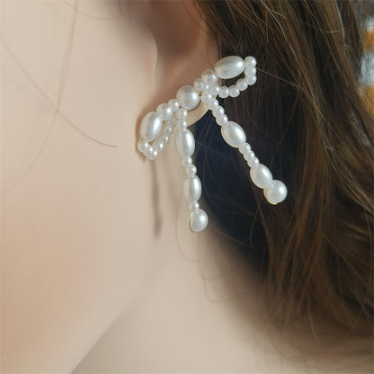 Retro Artificial Pearl Bow Floral Hand-woven Earrings