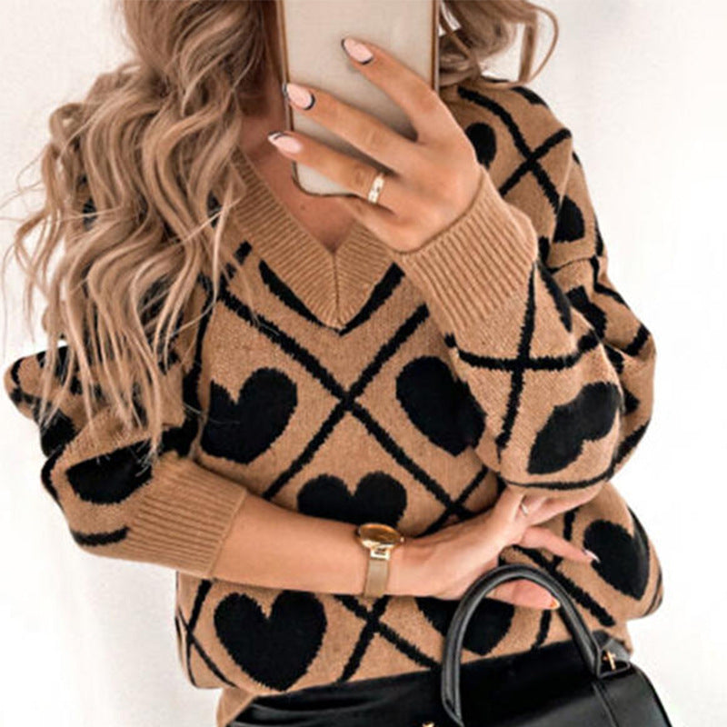 V-neck Pullover Love Knit Sweaters