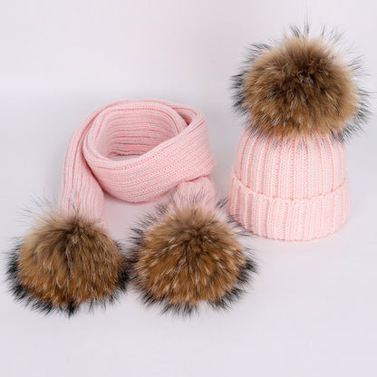 Children's raccoon fur ball hat scarf set