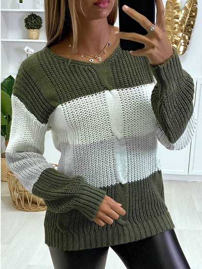 Knitted V Neck Color Matching Long Sleeved Sweaters