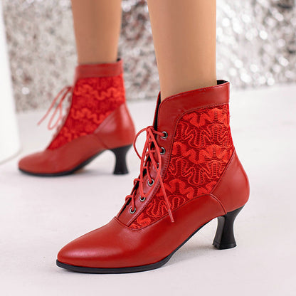 Kitten Heel Lace Hollow-out Front Lace-up Boots