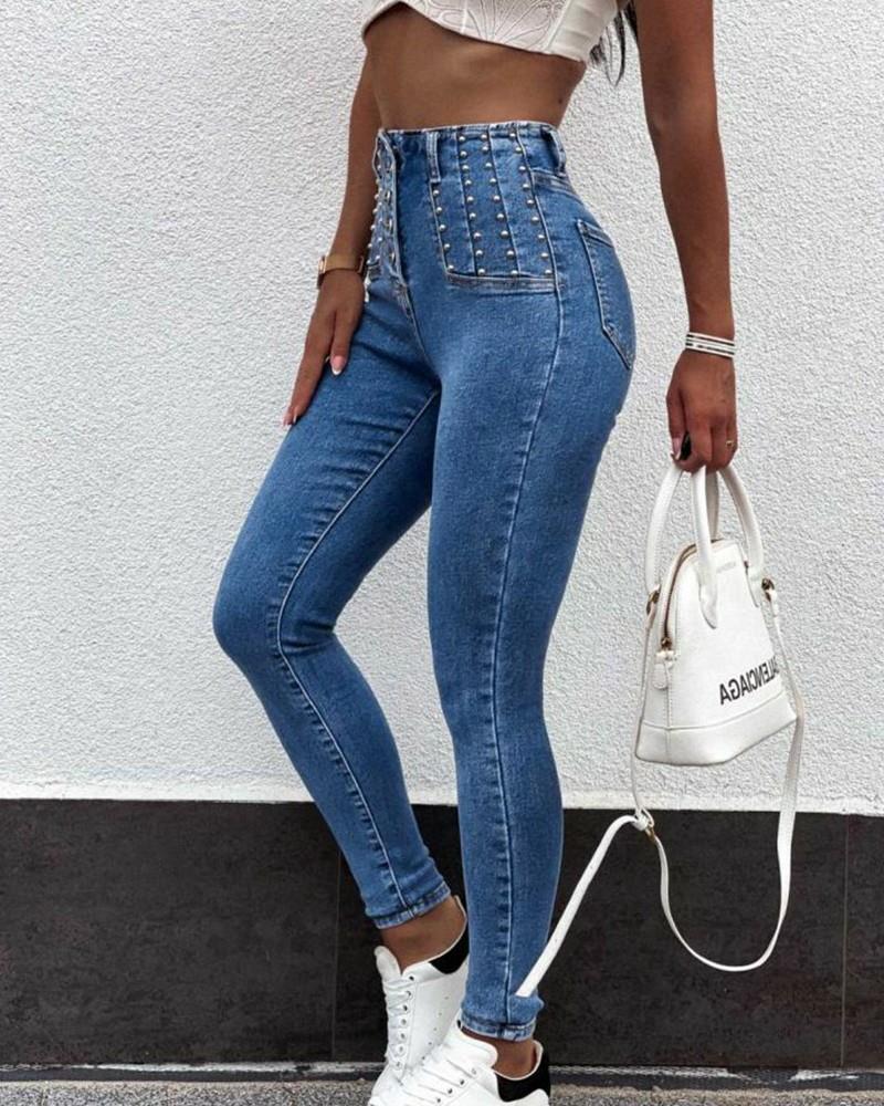 High Waist Breasted Skinny Denim Trousers