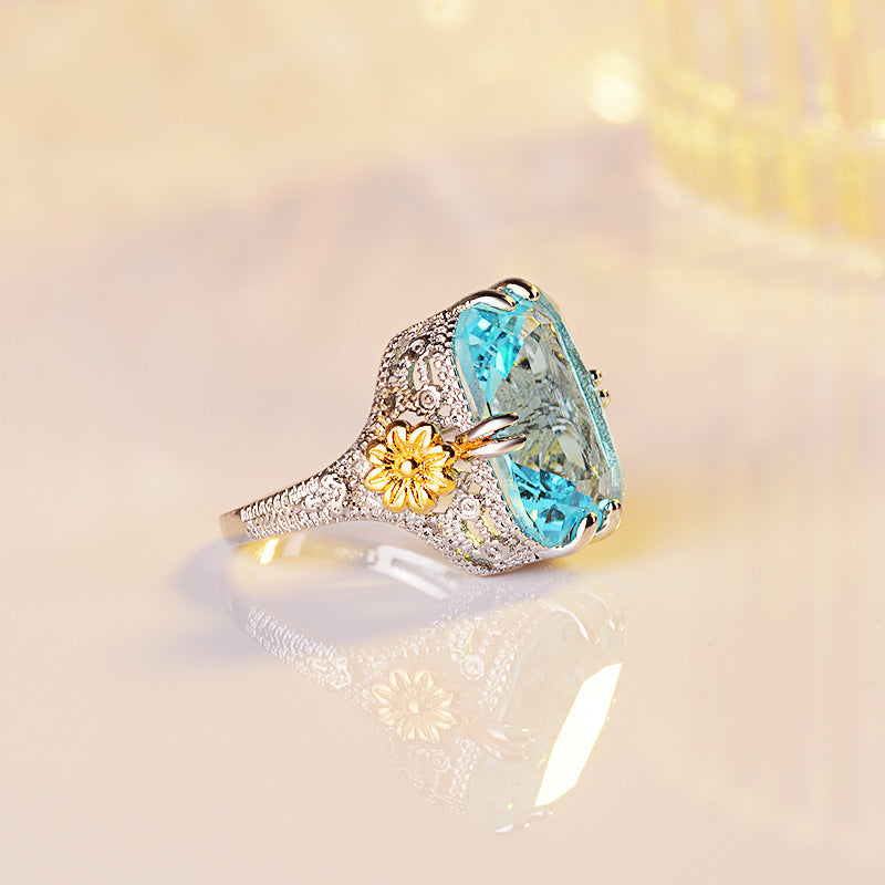 Ocean Blue Elegant Diamond Princess Ring For Women