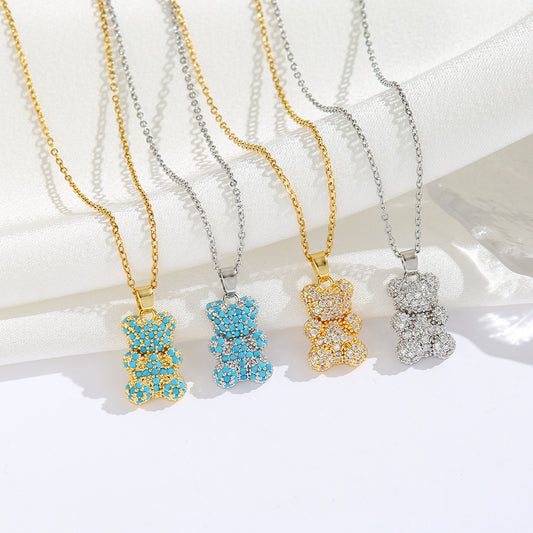 Micro Inlaid Zircon Turquoise Bear Necklaces