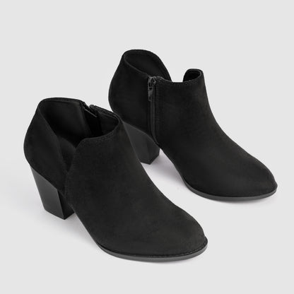 Suede V Cut Side Zipper Round Head Chunky Heel Ankle Boots