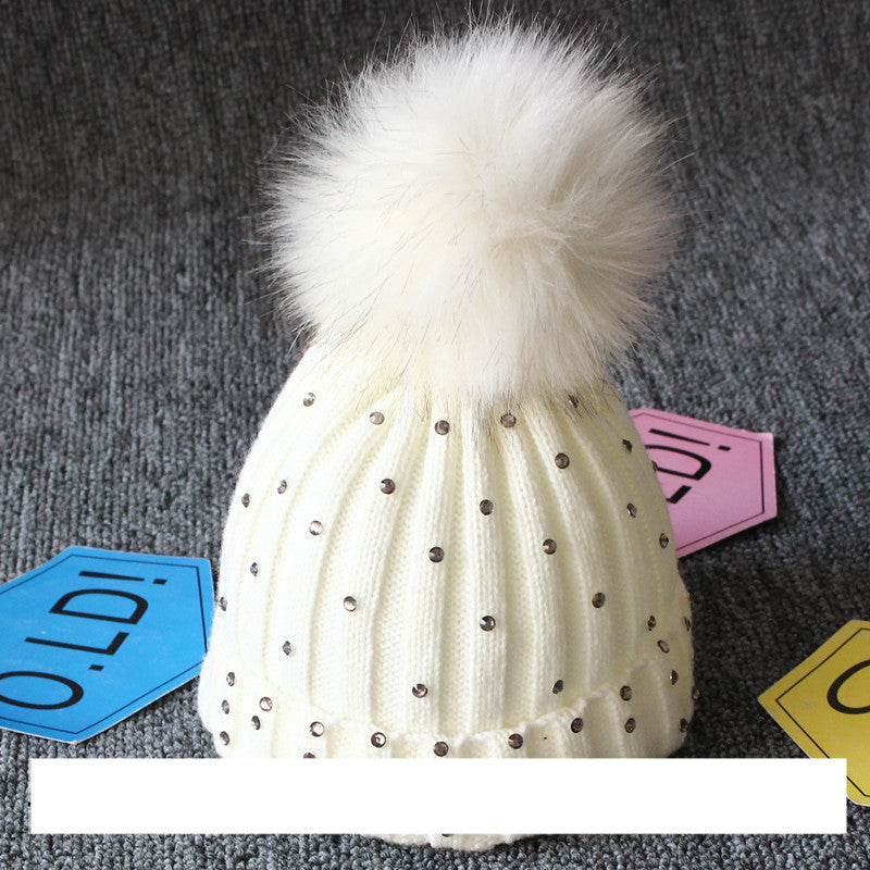 Children's Woolen Knit Hat With Big Hair Ball