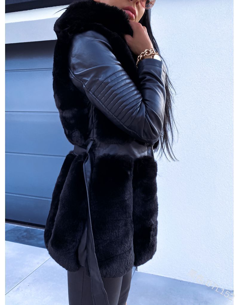 Fur hooded jackets with belt