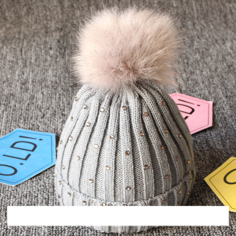 Children's Woolen Knit Hat With Big Hair Ball