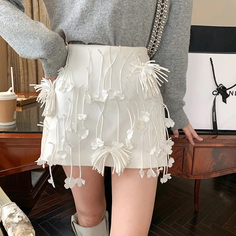 High Waist Slimming Jacquard Tassel Design Skirt