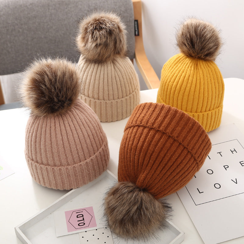 Baby Hat Autumn And Winter Baby Woolen Cap Big Fur Ball