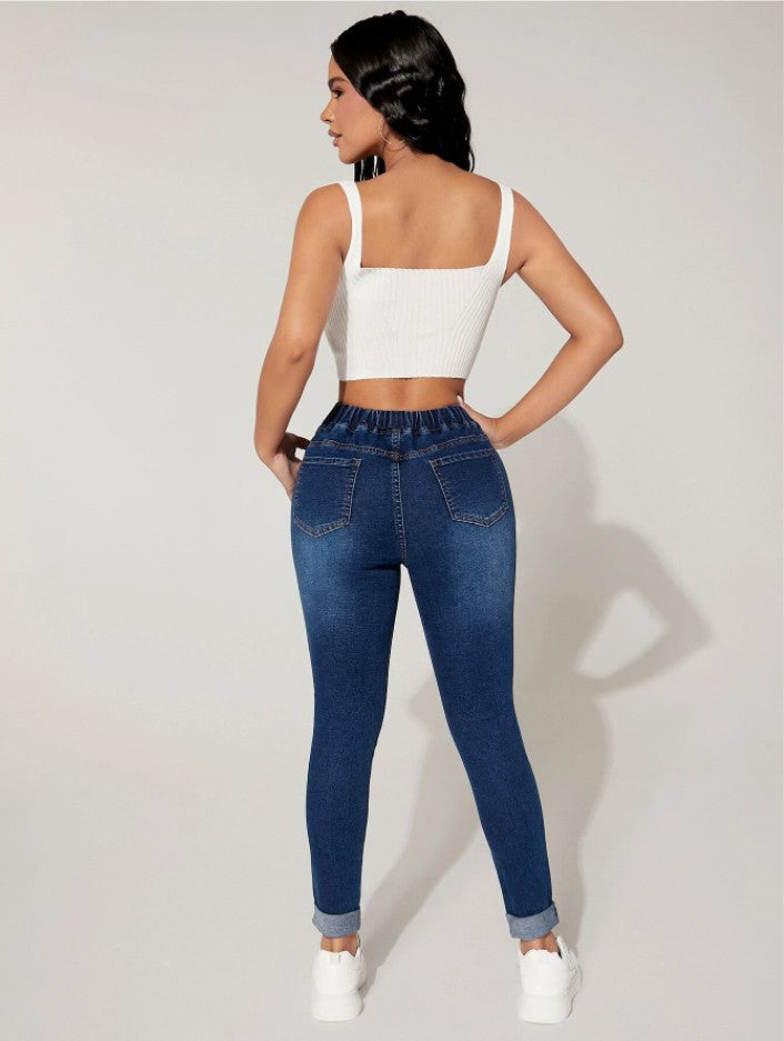 Drawstring Elastic Waist High Skinny Jeans