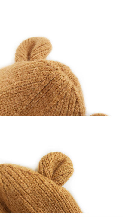 Children's Bear Ears Knitted Cuffed Solid Color Dome Warm Hat