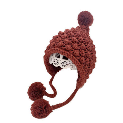 Handmade Flower Fake Braids Thickened Baby Knitted Hat