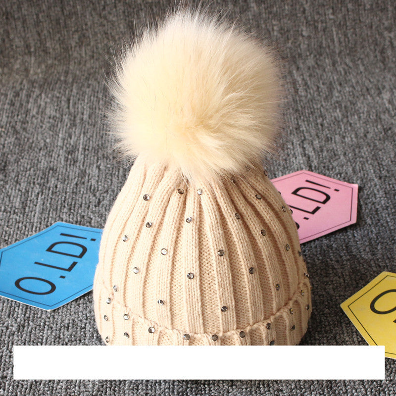 Children's Woolen Knit Hat With Big Hair Ball