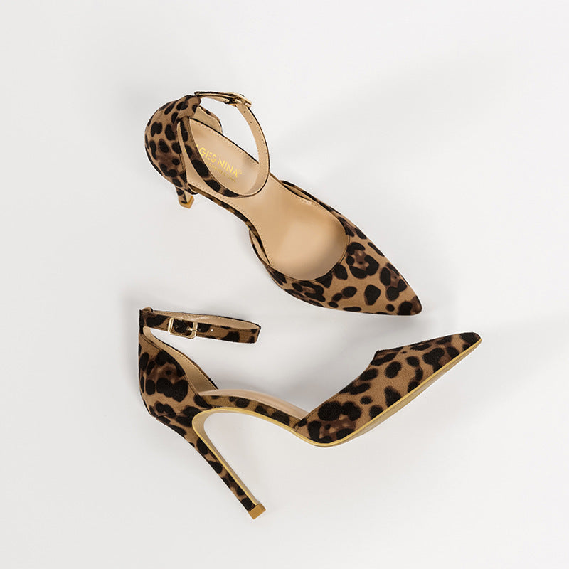 Hollowed Sandals With Pointed Toe Stiletto Leopard Print