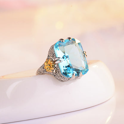 Ocean Blue Elegant Diamond Princess Ring For Women