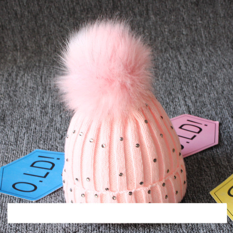 Children's Woolen Knit Hat With Big Hair Ball