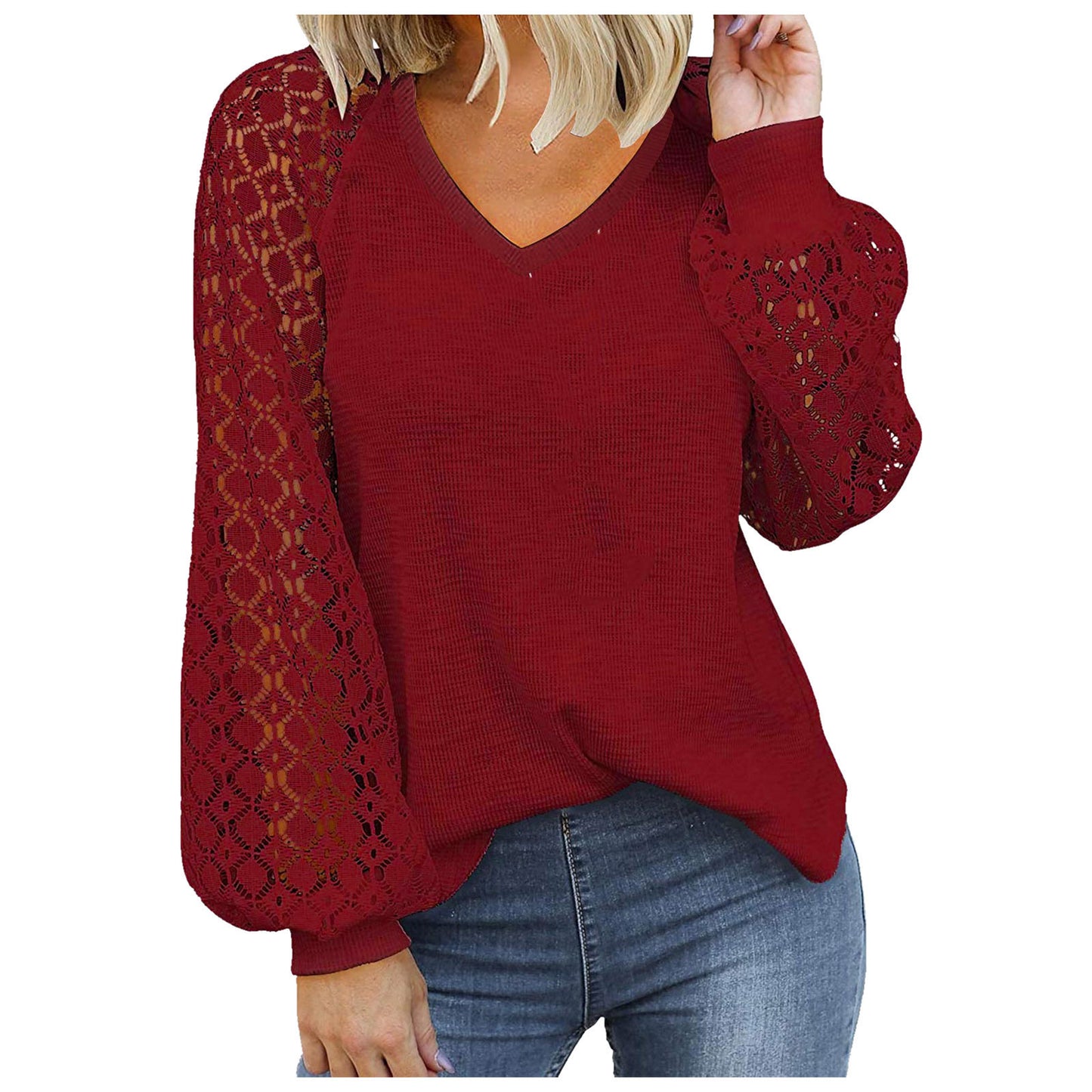 Long Sleeve Lace Stitching Loose Shirts