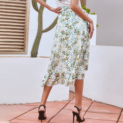 Printed Lace Up Split Expansion Skirt Skirt With Lining