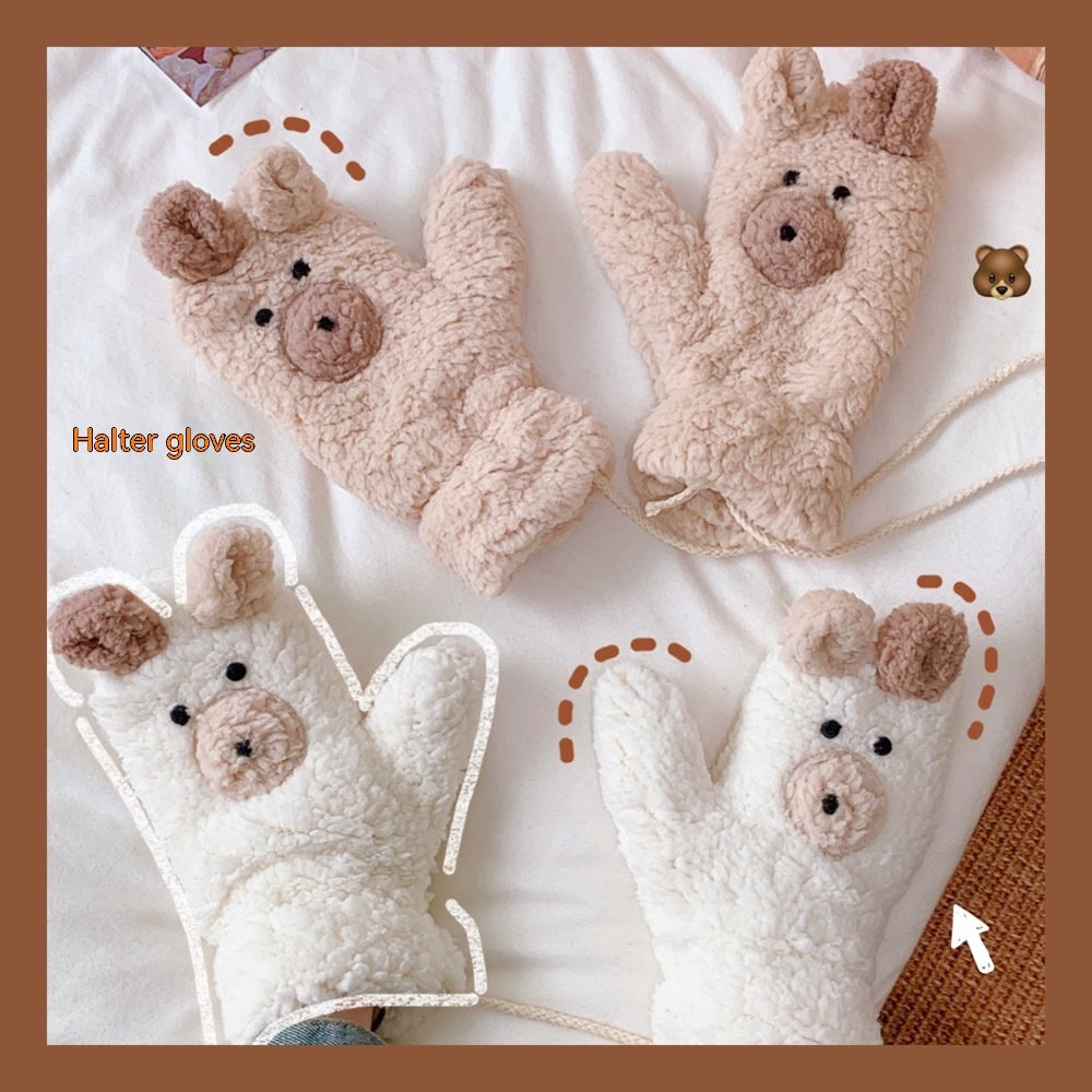 Winter Warm Cartoon Bear Plush Gloves Halter All-inclusive Cold Protection Fleece Thick