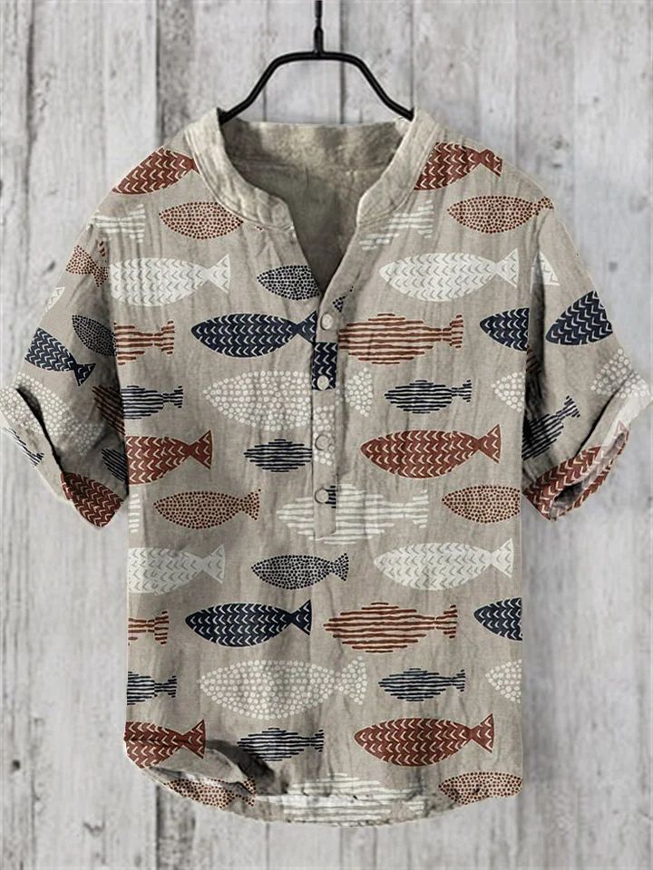 Camisas de lino de manga corta informales con estampado de peces