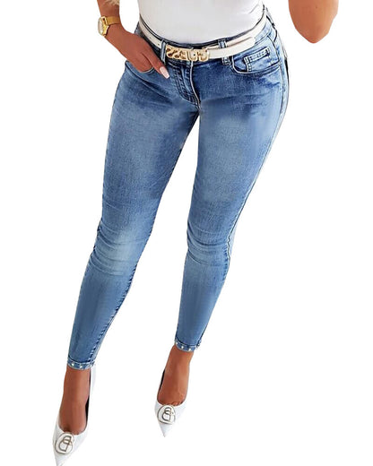 Damen Jeanshose mit hoher Taille und Perlenbesatz, schmal zulaufende Hose