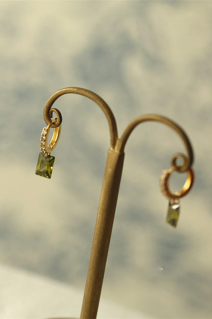 Olive Green Rectangular Rhinestone Earrings