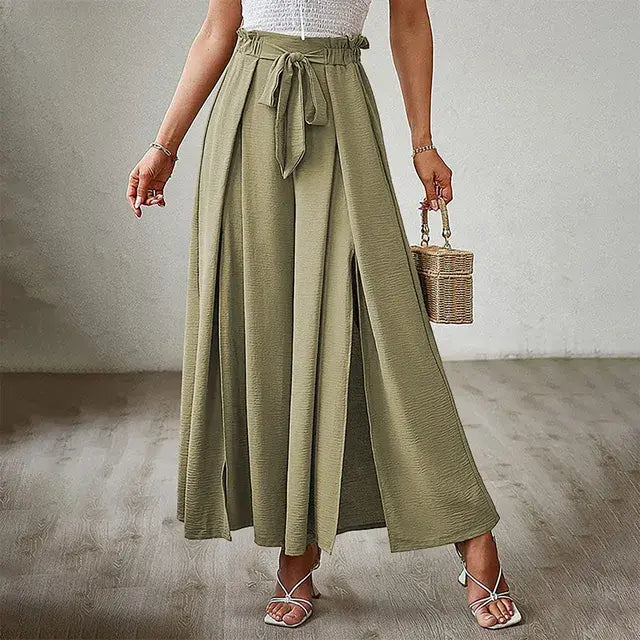 Pants Solid Color Elastic High Waist Wide Leg Trousers