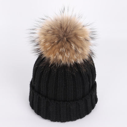 Children's raccoon fur ball hat scarf set