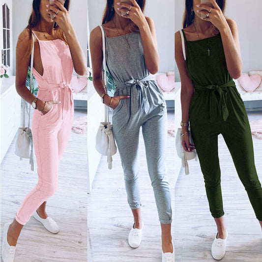 Casual sling backless lace-up jumpsuits