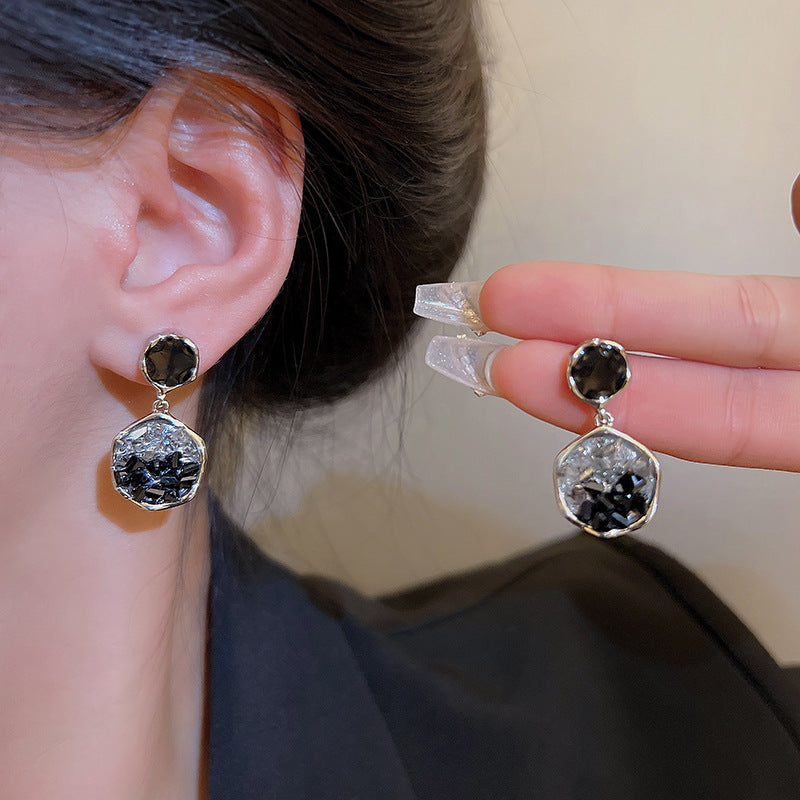 Sterling Silver Needle Irregular Black Crystal Earrings