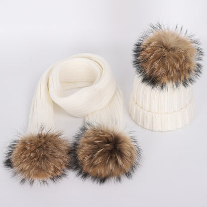 Children's raccoon fur ball hat scarf set