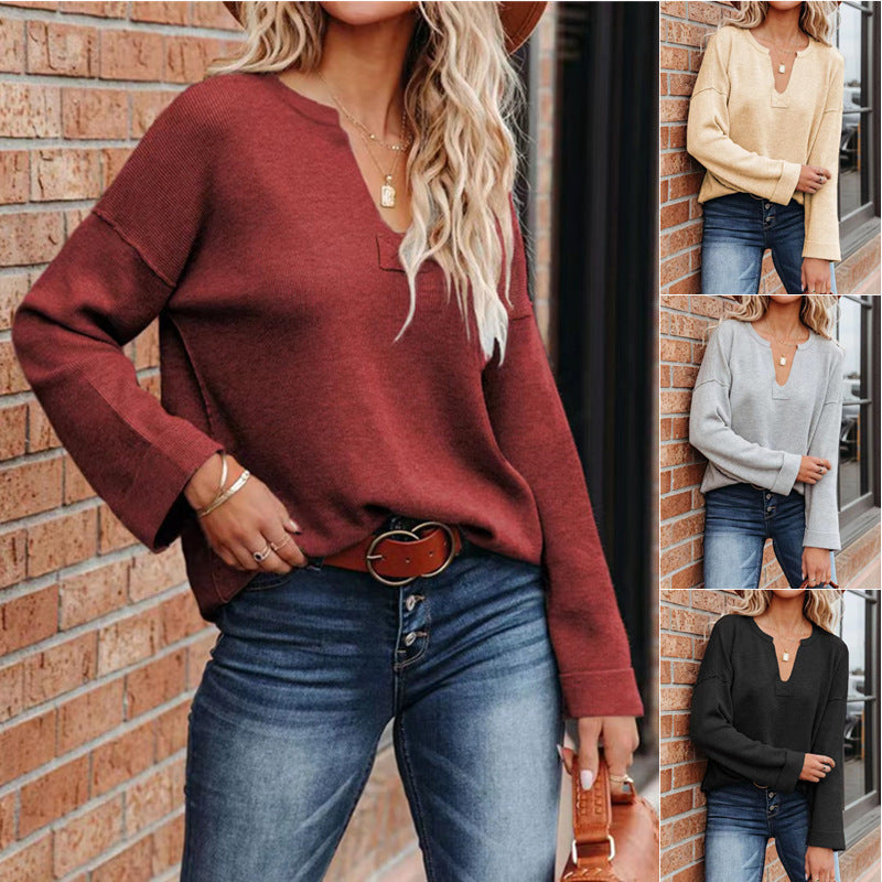 Solid V-neck Knitted Sweaters