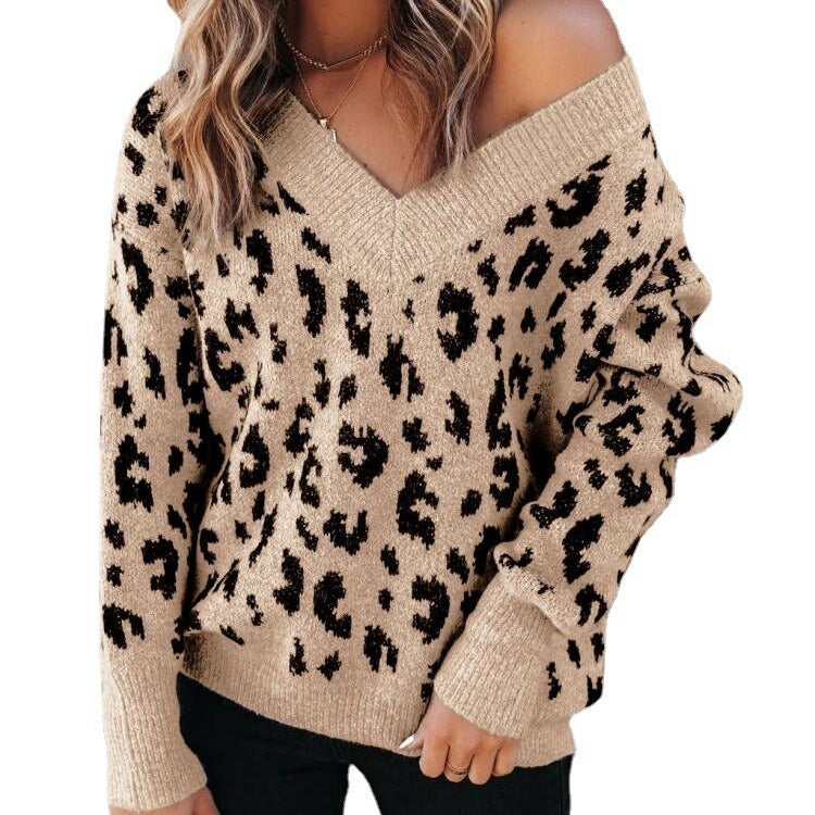 Casual V-neck Leopard Print Core-spun Yarn Sweaters