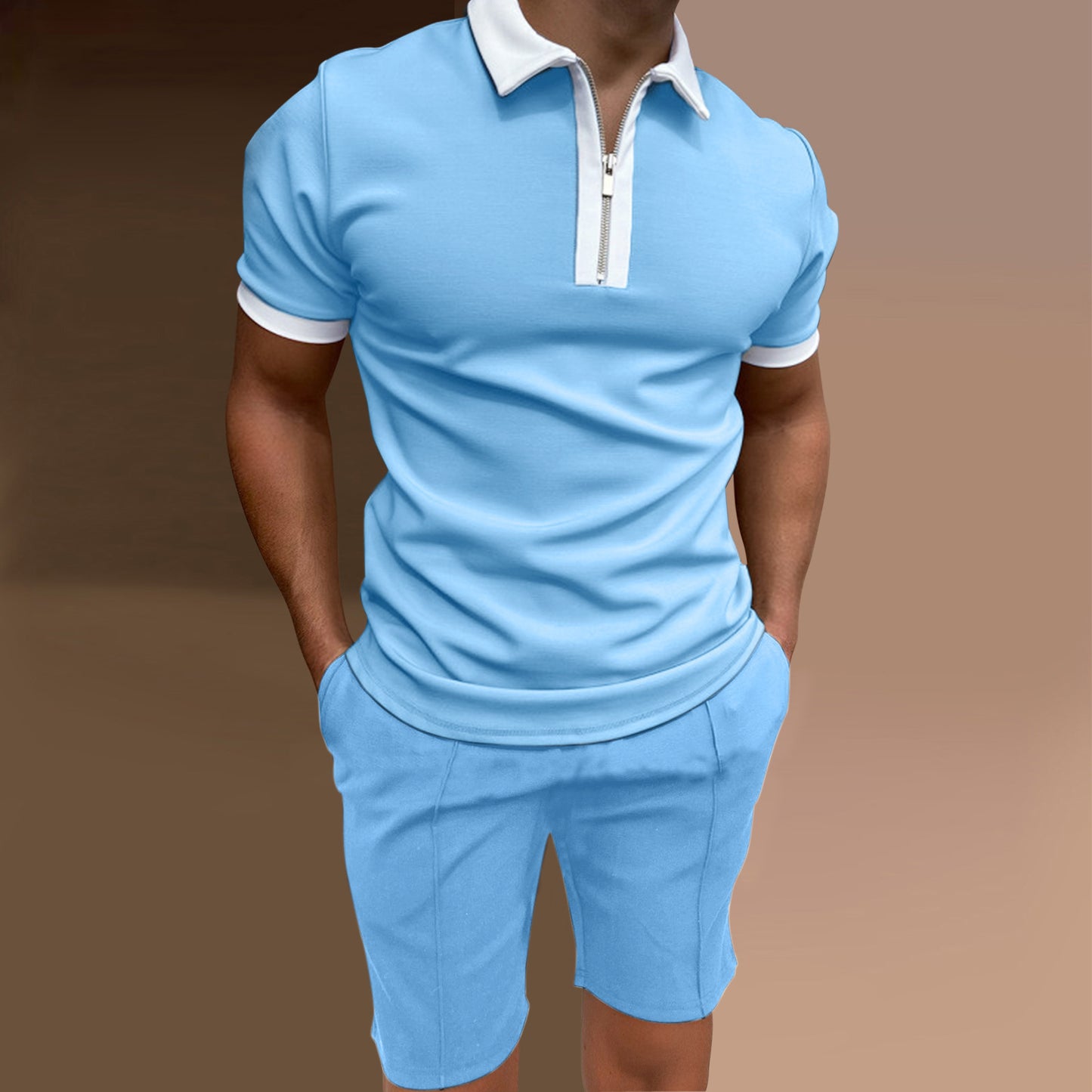 Slim-fit Zipper Lapel Pullover Men's Polo Shirts + Shorts