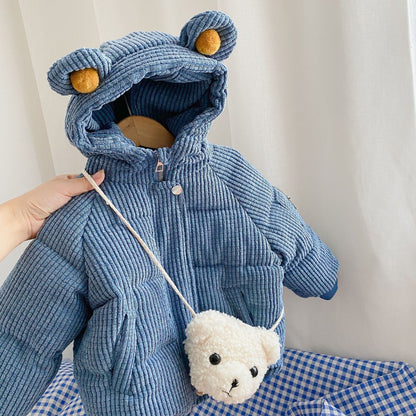 Cute Cotton Hooded Jackets With Bear Bag