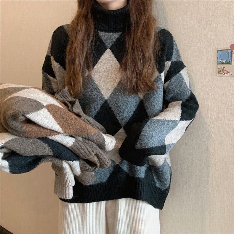 Diamond Plaid Warm Turtleneck Sweaters